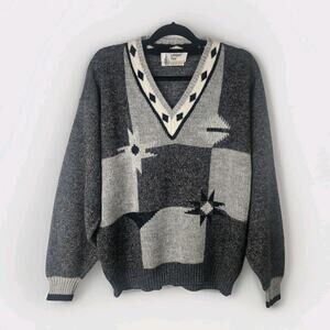 Vintage 80s London Fog Gray Acrylic Alpacha Vneck Sweater Mens TXL USA Geometric